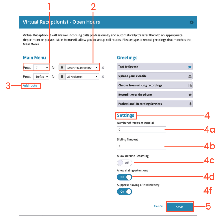 Option 2: Incoming Call to a Specific Option, then to Virtual Receptionist