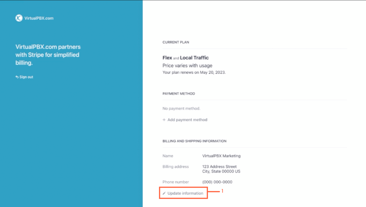 Update a VirtualPBX billing address
