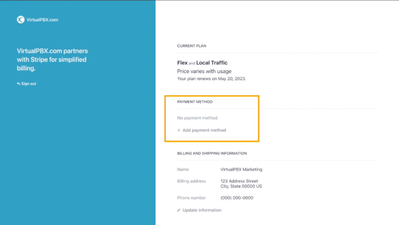 Update a VirtualPBX payment method